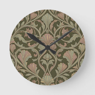 Art Nouveau Floral Pattern Dark Green Pink Vintage Round Clock