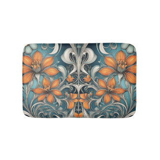 Art Nouveau floral pattern teal orange Bath Mat