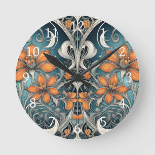 Art Nouveau floral pattern teal orange Round Clock