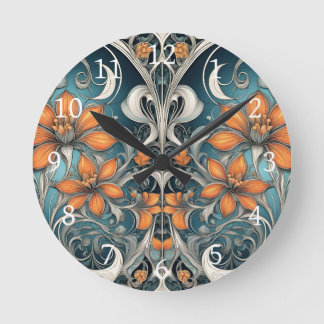 Art Nouveau floral pattern teal orange Round Clock