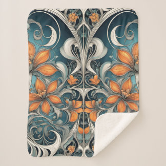 Art Nouveau floral pattern teal orange Sherpa Blanket
