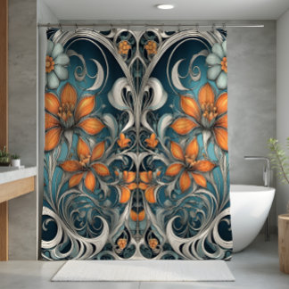 Art Nouveau floral pattern teal orange Shower Curtain