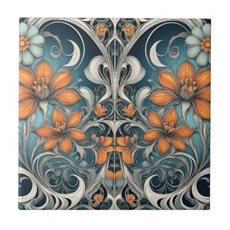 Art Nouveau floral pattern teal orange Tile