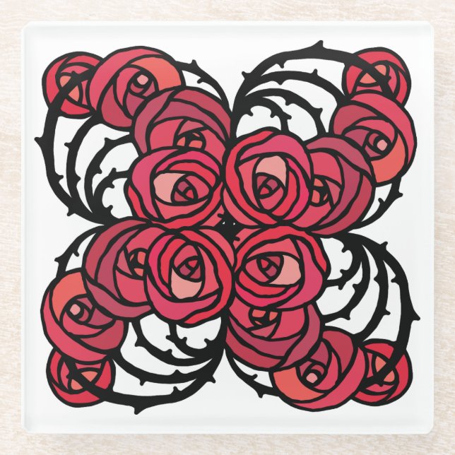 Art Nouveau Floral red and black rose vines design Glass Coaster (Front)
