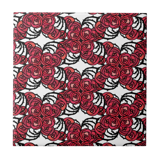 Art Nouveau Floral red and black rose vines design Tile (Front)