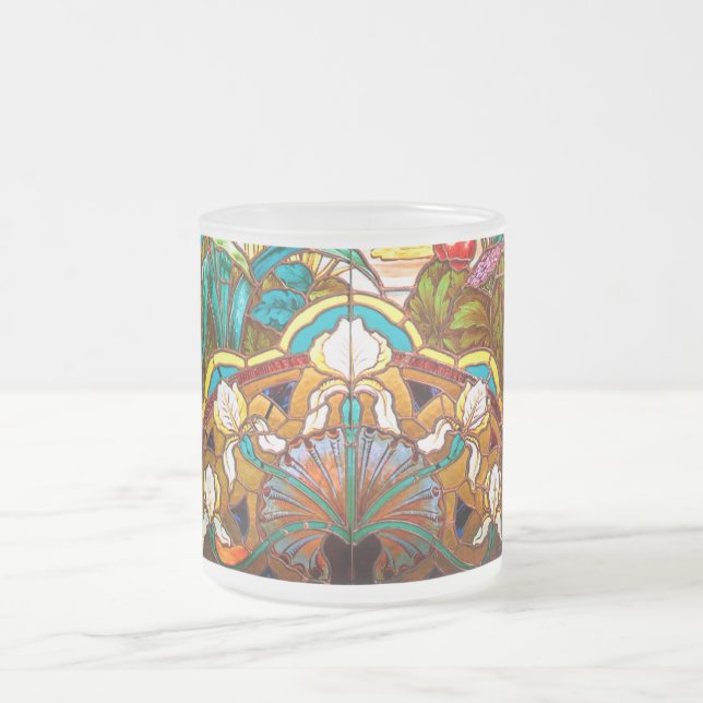 Art nouveau floral stained glass look frosted glass coffee mug (Center)