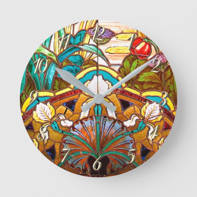 Art nouveau floral  stained glass look round clock (Front)