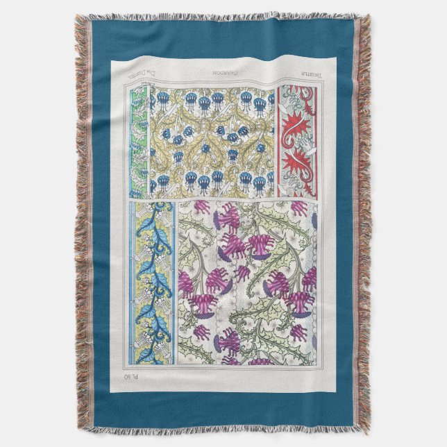 Art nouveau floral thistle flower textile art  throw blanket (Front Vertical)