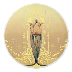 Art nouveau floral tulip pink and gold elegant ceramic knob