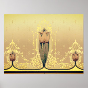 Art nouveau floral tulip pink and gold elegant poster