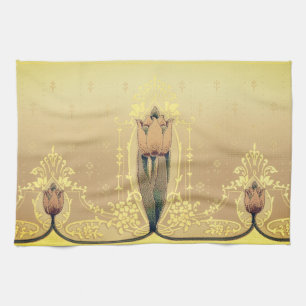 Art nouveau floral tulip pink and gold elegant tea towel