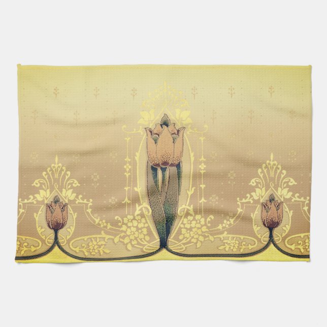 Art nouveau floral tulip pink and gold elegant tea towel (Horizontal)