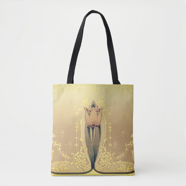 Art nouveau floral tulip pink and gold elegant tote bag (Front)