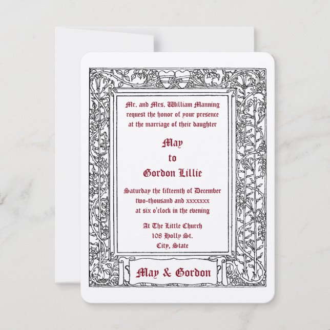 Art Nouveau Floral Vine Border & Hearts Wedding Invitation (Front)