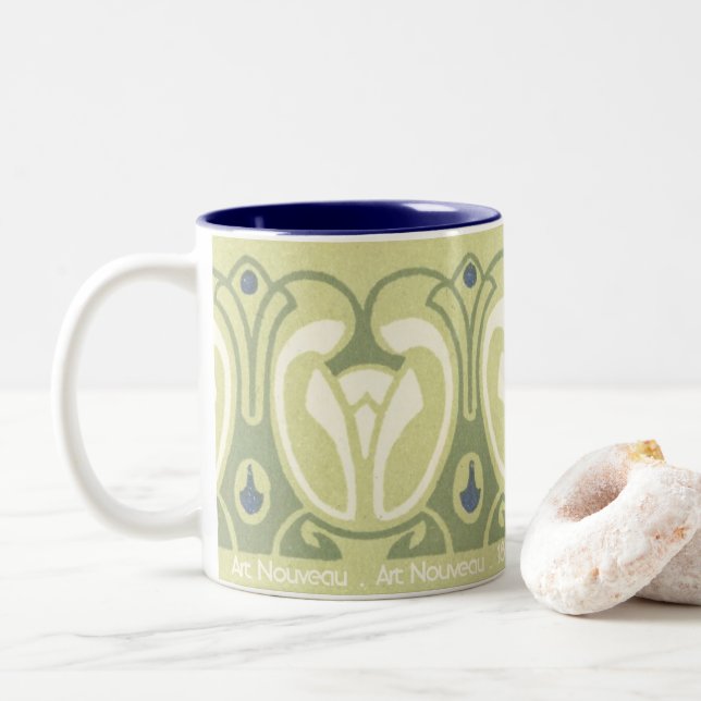 Art Nouveau Floral Wallpaper design #45 Two-Tone Coffee Mug (With Donut)