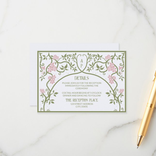 Art Nouveau Floral Wedding Green and Pink Enclosure Card (Front/Back In Situ)