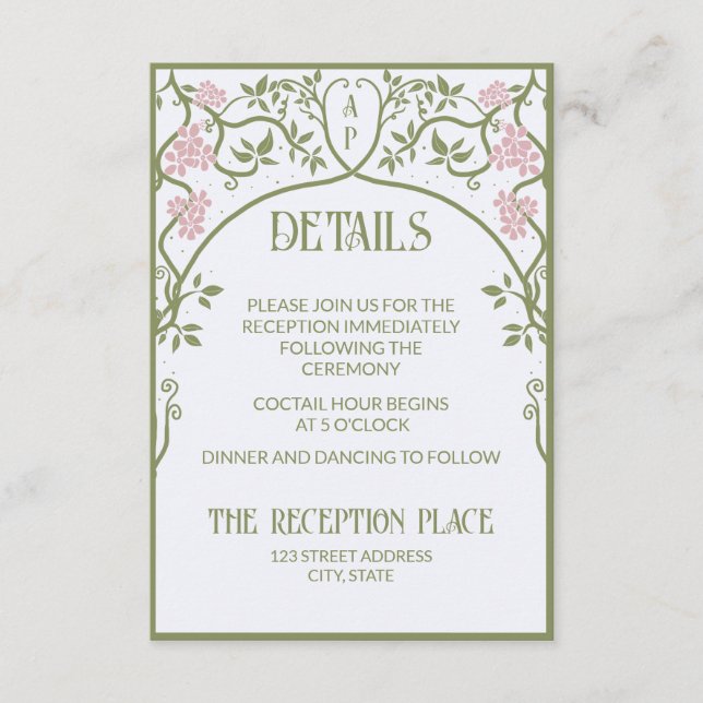 Art Nouveau Floral Wedding Green and Pink Enclosure Card (Front)