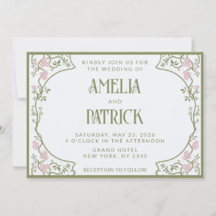 Art Nouveau Floral Wedding Green and Pink Invitation