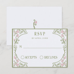 Art Nouveau Floral Wedding Green and Pink RSVP Card