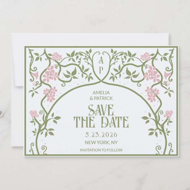 Art Nouveau Floral Wedding Green and Pink Save The Date (Front)