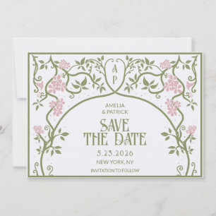 Art Nouveau Floral Wedding Green and Pink Save The Date