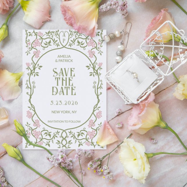 Art Nouveau Floral Wedding Green and Pink Save The Date (Creator Uploaded)