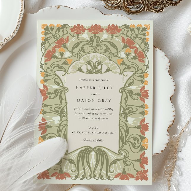 Art Nouveau Floral Wedding in Warm Earth Tones Invitation (Creator Uploaded)