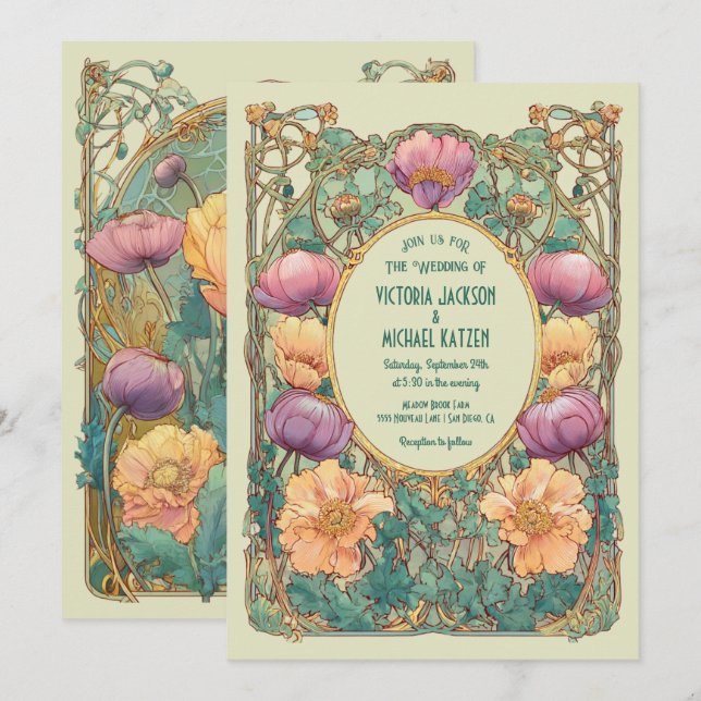 Art Nouveau Floral Wedding Invitation (Front/Back)