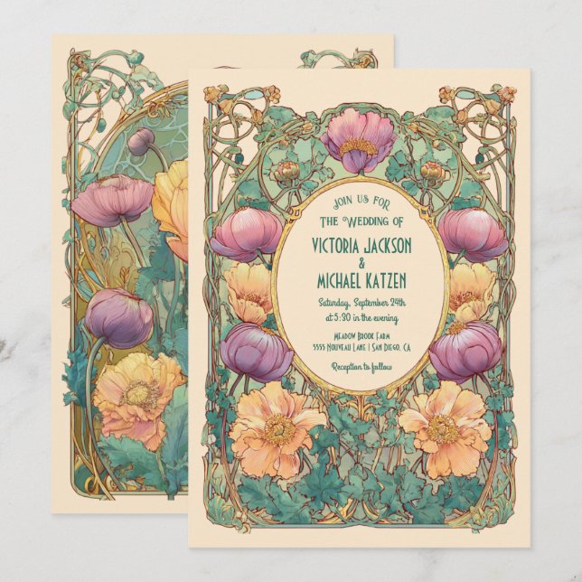 Art Nouveau Floral Wedding Invitation (Front/Back)