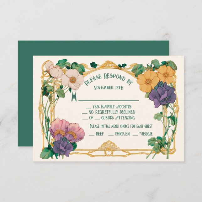 Art Nouveau Floral Wedding RSVP response card (Front/Back)
