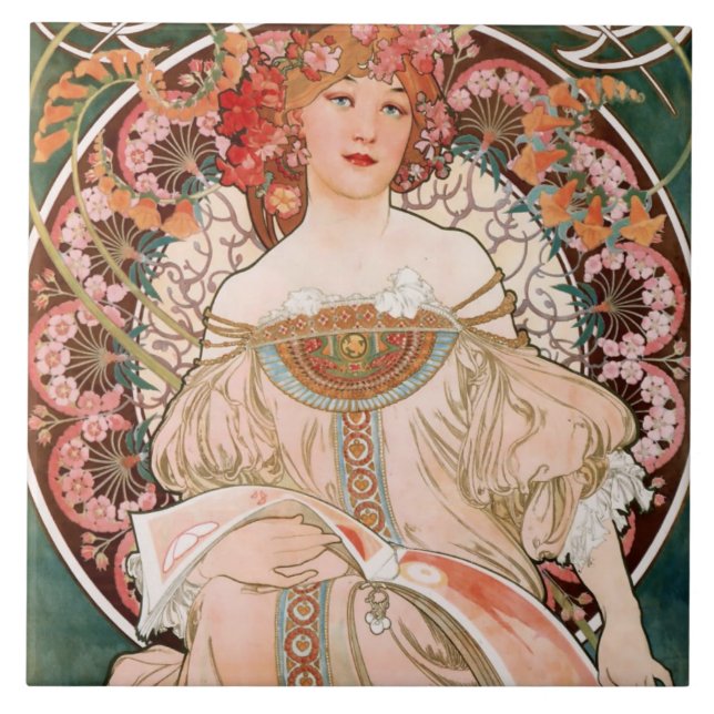 Art Nouveau Floral Woman Mucha French Green Tile (Front)