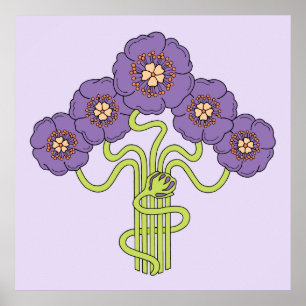 Art Nouveau flower drawing violet square Poster