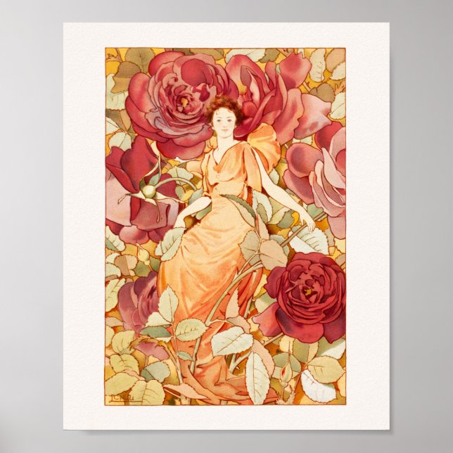 Art Nouveau Flower Fairy with Red & Orange Roses Poster (Front)