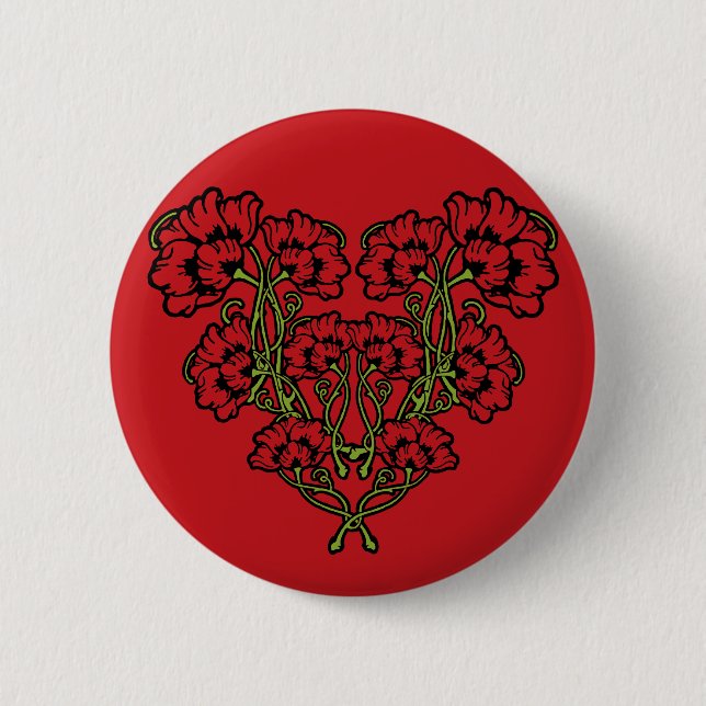 Art Nouveau Flower Heart Red Pinback Button (Front)