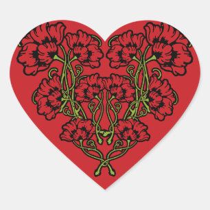 Art Nouveau Flower Heart Red Sticker