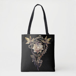 Art nouveau flower jewel Victorian gold and black Tote Bag