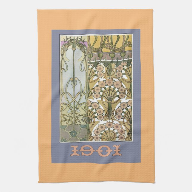 Art nouveau flowers  alphonse mucha floral art tea towel (Vertical)