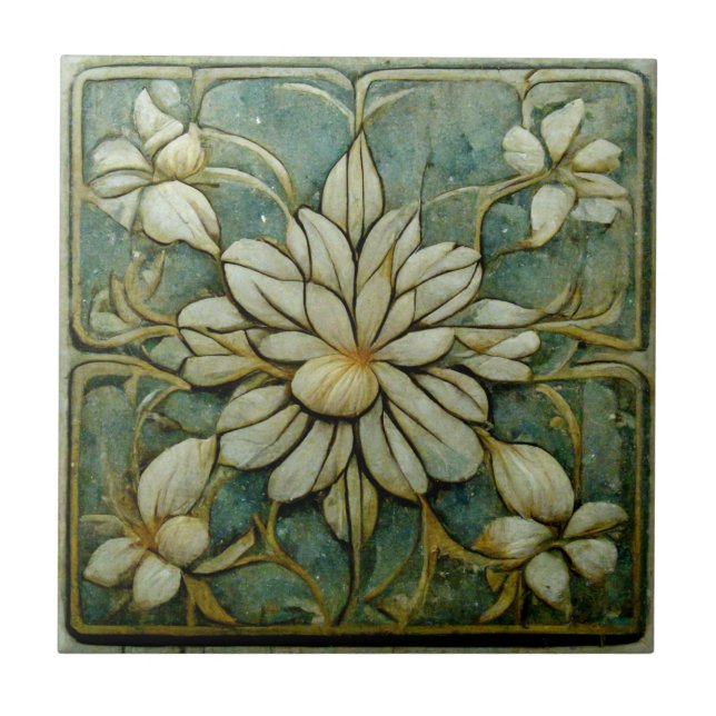 Art Nouveau Flowers on Muted French Pastel Blue Tile (Front)
