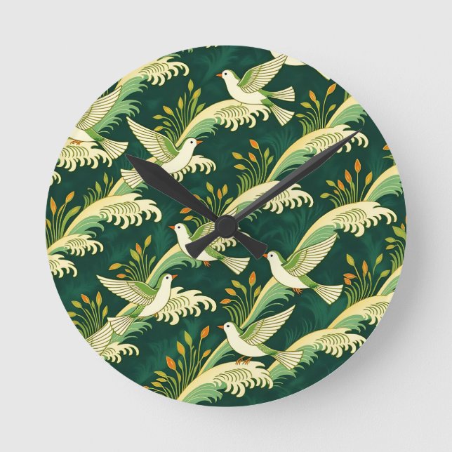 Art Nouveau Flying Bird Pattern Elegant Nature  Round Clock (Front)