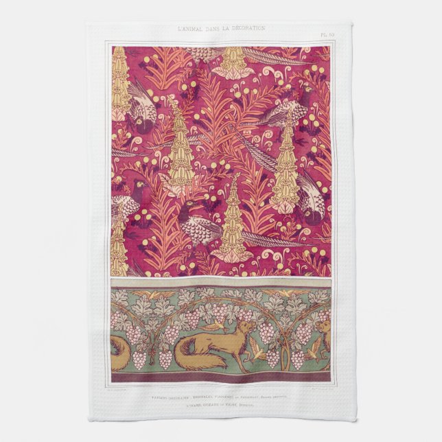 Art nouveau fox pheasant Foxglove verneuil red Tea Towel (Vertical)