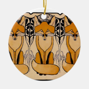 Art Nouveau Foxes Illustration Woodland Wildlife Ceramic Tree Decoration