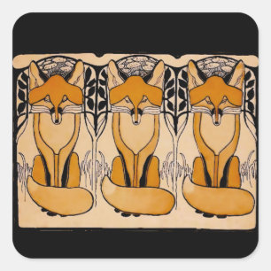 Art Nouveau Foxes Illustration Woodland Wildlife Square Sticker
