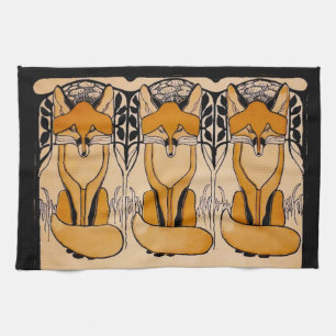 Art Nouveau Foxes Illustration Woodland Wildlife Tea Towel