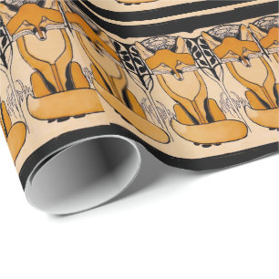 Art Nouveau Foxes Illustration Woodland Wildlife Wrapping Paper
