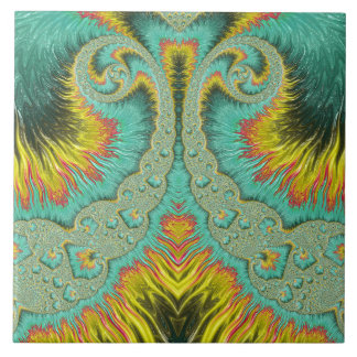 Art Nouveau Fractal Turquoise Feathers Fountain Tile
