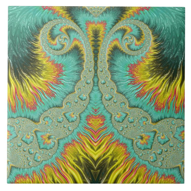 Art Nouveau Fractal Turquoise Feathers Fountain  Tile (Front)