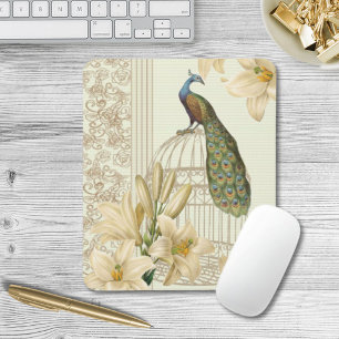 art nouveau  french lily vintage birdcage peacock mouse mat