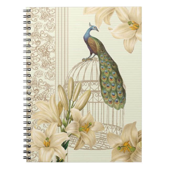 art nouveau  french lily vintage birdcage peacock notebook (Front)
