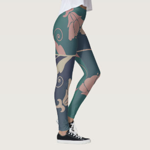 Art nouveau fuschia flower blue green pink leggings