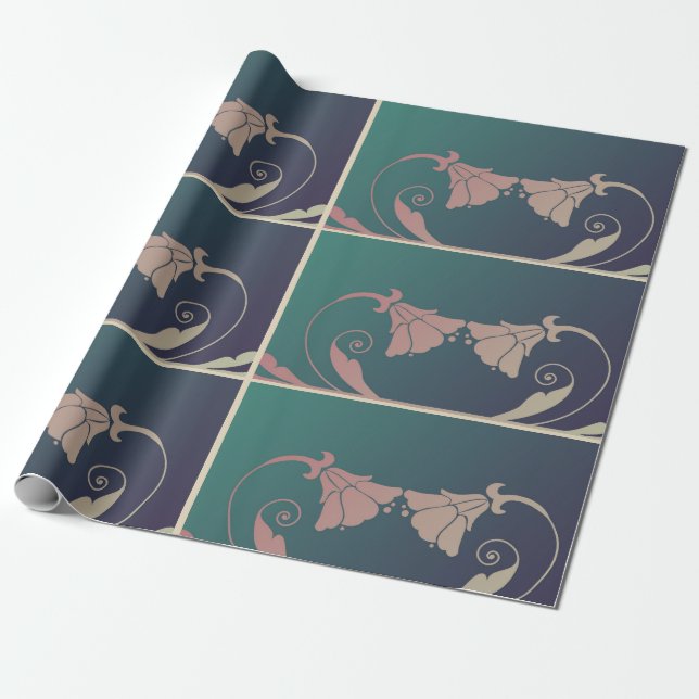 Art nouveau fuschia flower pink blue green elegant wrapping paper (Unrolled)